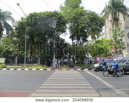 Jakarta, Indonesia - August 2, 2018: A Pelican Crossing On Jalan Katedral.