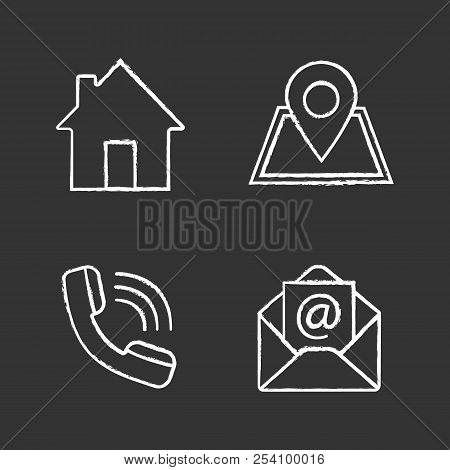 Information Center Chalk Icons Set. Homepage, Gps Navigation, Incoming Call, Email. Isolated Vector 