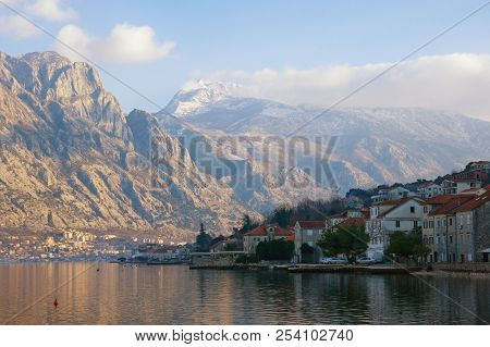 Beautiful Winter Meditarranean Landscape .  Montenegro, View Of Bay Of Kotor, Lovcen Mountain And Pr