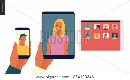 Bright People Portraits - Hand Drawn Flat Style Vector Concept Illustration Of Video Call, Man And W