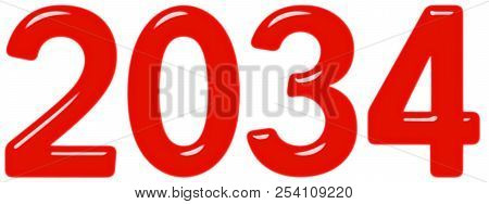 Inscription 2034 From Red Glass Or Plastic, Isolated On White Background, 3d Render