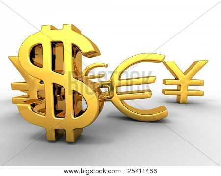 日元、 美元、 欧元。迹象。3d