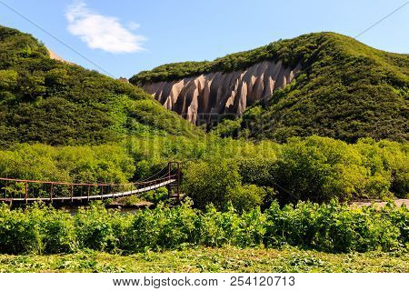 Suspension Bridge Near Kuthin Bata Pumice Outcrops. Kronotsky Reserve, Kamchatka Peninsula