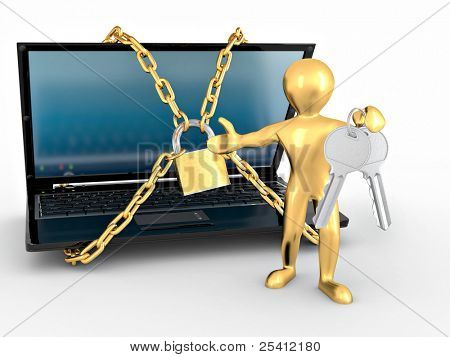 Muži s klíči a laptop s řetězy a zámek. 3D