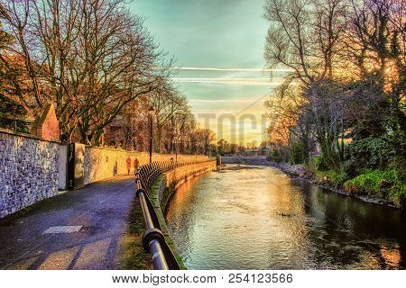 Dublin, Ireland, March 2018, View Of The River Dodder At Sunset