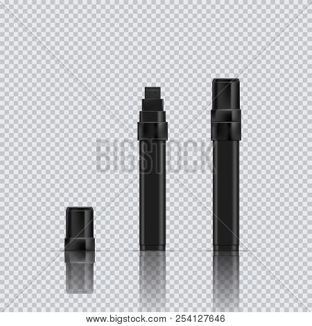 Black Marker Realistic Vector Illustration. Broad Marker With Reflection And Shadow On Transparent B