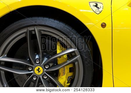 Brussels - Jan 12, 2016: Close Up Of A Ferrari 488gtb Spider Sports Car At The Brussels Motor Show.