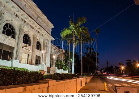 Dawn Breaking Over Ventura City Hall Building Lit Up At Night With Landscaping And Junipero Serra St