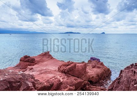 Sea View, Beach And Pink Stone. Tourist Attraction In Chanthaburi Province, Thailand
