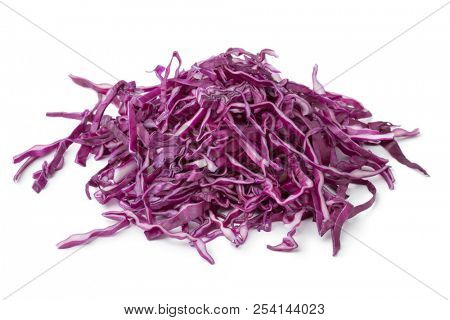 Heap of fresh raw shredded red cabbage isolated on white background