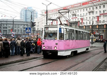 Chelyabinsk, Russia - May 9, 2008: Classic Soviet Tram Model 71-605 (ktm-5) In The City Street.
