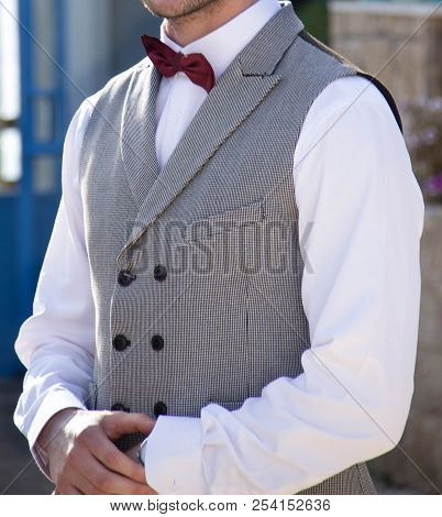 Groom Wedding Suit Gray In A Cage With A Bard Butterfly And A White Shirt