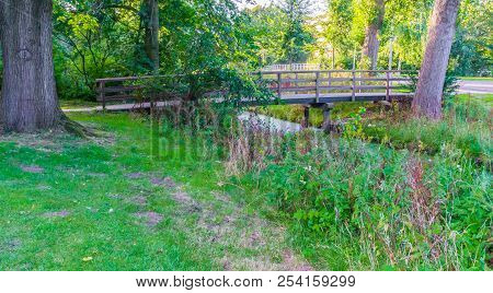 Wooden Bridge To Cross Over The River With Grass And Trees