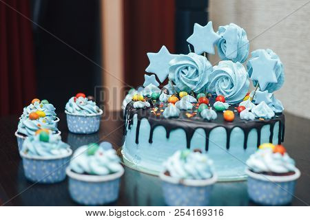 Blue Cacke For Birthday Stars On Table