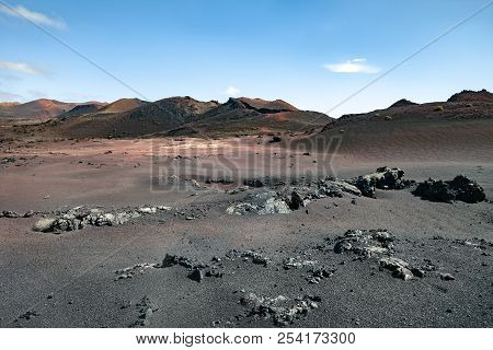 Unique Volcanic Landscapes Of Timanfaya National Park, Lanzarote, Canary Island. Nature Background. 