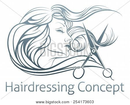 An Illustration Of A Beautiful Woman Having Her Hair Cut By Hairdresser Scissors.