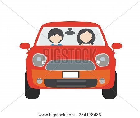 Two People, Man And Woman, Sitting In A Car And Driving On Vacation. Usable For Driving School Or Ta