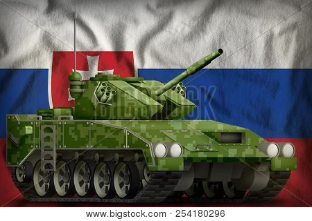Light Tank Apc With Pixel Summer Camouflage On The Slovakia Flag Background. 3d Illustration