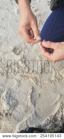 Hooking Shrimps Bait On Hook For Fishing Rod’s System Near Baltic Sea