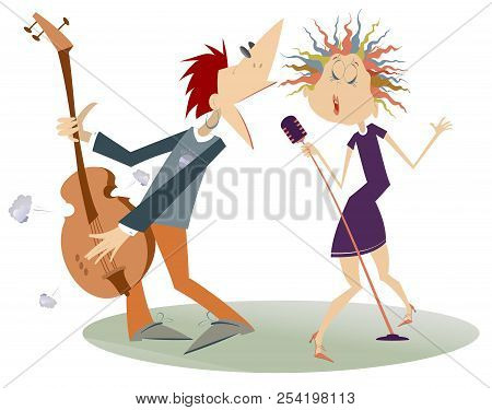 Couple Musicians, Singer Woman And Guitar Player Man Isolated Illustration. Expressive Duet Of Woman