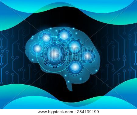 Ai Robot Brain, Over Electronic Blue Background,artificial Intelligence And Machine Learning Concept