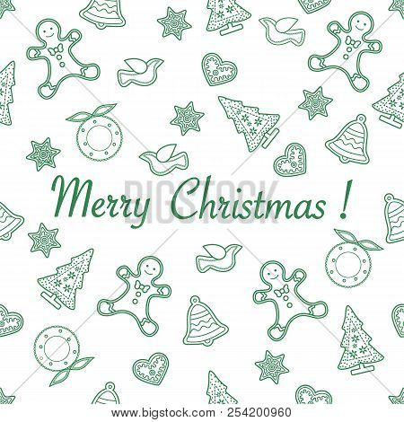 Seamless Pattern With Christmas And New Year Symbols. Christmas Trees, Christmas Wreath, Gingerbread