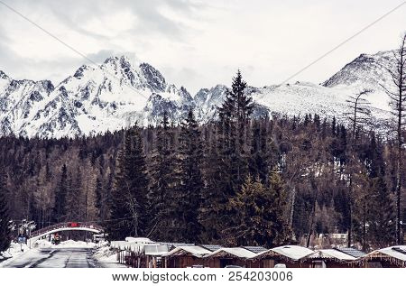 Strbske Pleso Area, Center Of Winter Sports, High Tatras, Slovak Republic. Travel Destination. Retro