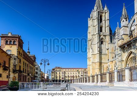 Leon Obispado Facade In Plaza Regla Square Beside Cathedral At Castilla Spain