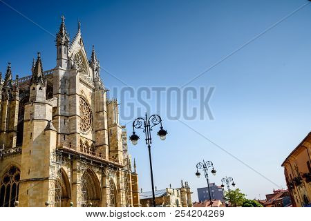 Leon Obispado Facade In Plaza Regla Square Beside Cathedral At Castilla Spain