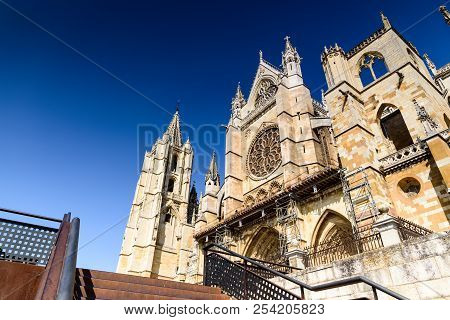 Leon Obispado Facade In Plaza Regla Square Beside Cathedral At Castilla Spain