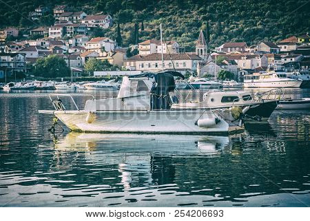 Fishing Boats In Marine, Trogir, Croatia. Ciovo Island. Travel Destination. Sunset Scene. Summer Vac