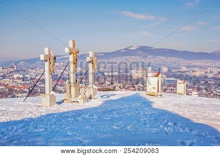 Calvary In Nitra City With Zobor Hill, Slovak Republic. Religious Place. Winter Scene. Cultural Heri