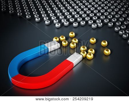 Horseshoe Magnet Pulling Chrome Spheres. 3d Illustration.