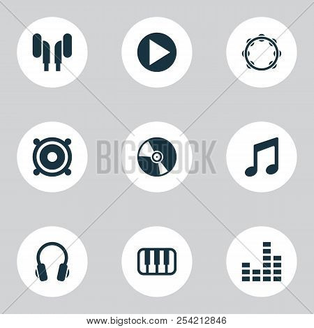 Multimedia Icons Set With Note, Vinyl, Mixer And Other Timbrel Elements. Isolated  Illustration Mult