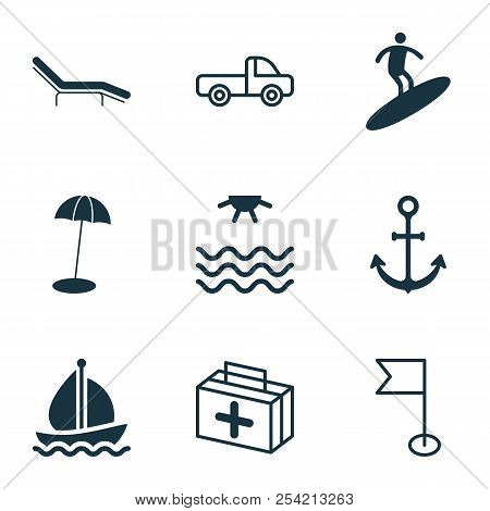 Travel Icons Set With Sea, Beach Chair, Beach Umbrella And Other Boardsports Elements. Isolated  Ill