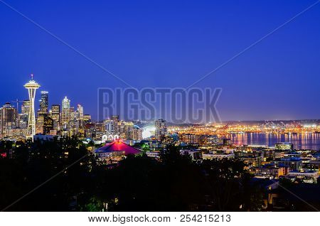 Aerial View Of Seattle Skylines During Blue Hour
