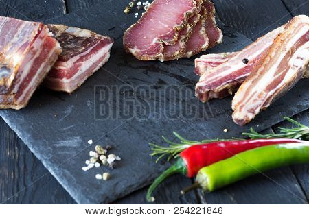 Dried Pork And Beef Meat. Dried Meat And Spices.
