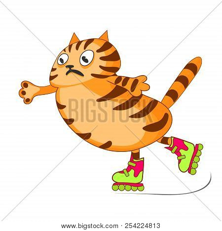 Ginger Cat Rides On Roller Skates. Vector Color Cartoon Image.