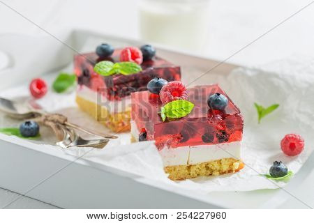 Cloeup Of Tasty Cheesecake Made Of Berries And Jelly