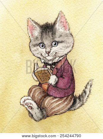 A Gray Striped Fluffy Cat Sits Half-turned In A Jacket, Trousers And A White Shirt With A Black Butt