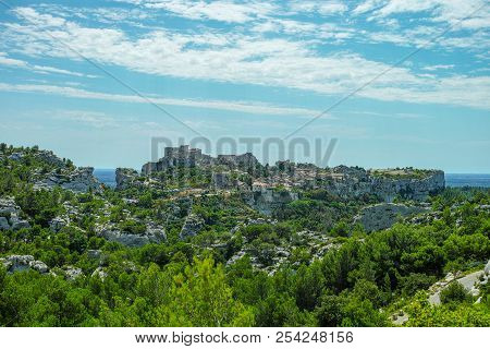 Vacation Tourist Destination In France, Alpilles Mountains Gorge In Provence, Green Pine Forests And
