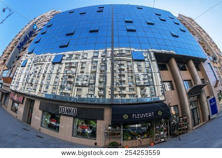Bucharest, Romania - July 16, 2018: Modern Office Building With Shops On The Ground Floor, Located O
