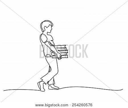 Continuous One Line Drawing. Boy With Books Stack