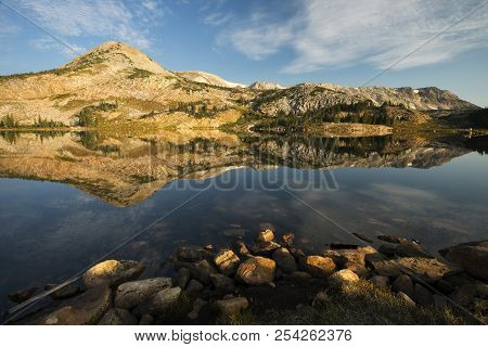 Sugarloaf Mountain And Medicine Bow Peak Reflected In Libby Lake  In Medicine Bow National Forest In