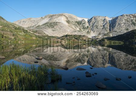 Sugarloaf Mountain And Medicine Bow Peak Reflected In Libby Lake  In Medicine Bow National Forest In