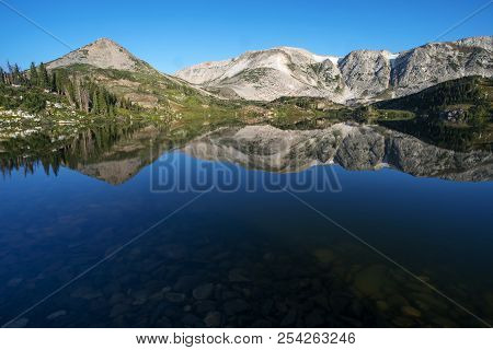 Sugarloaf Mountain And Medicine Bow Peak Reflected In Libby Lake  In Medicine Bow National Forest In