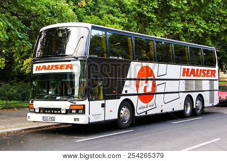 Berlin, Germany - August 16, 2014: White Interurban Coach Bus Setra S316hds In The City Street.