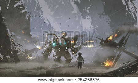 Scene Of The Boy Looking At The Damaged Robot Who Protected Him From The War, Digital Art Style, Ill