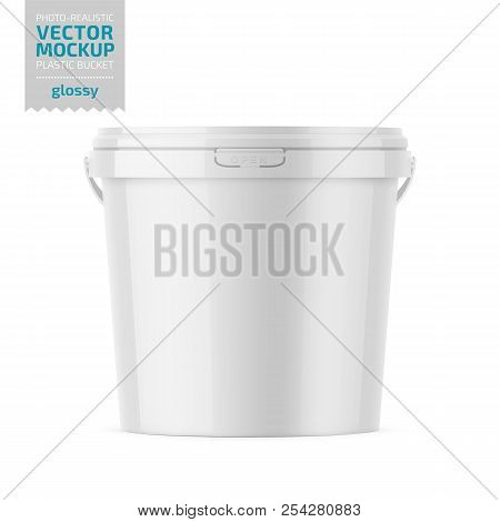 White Glossy Plastic Bucket Mockup With Label.