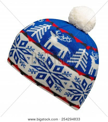 Knitted Hat Isolated On White Background.hat With Pompon .